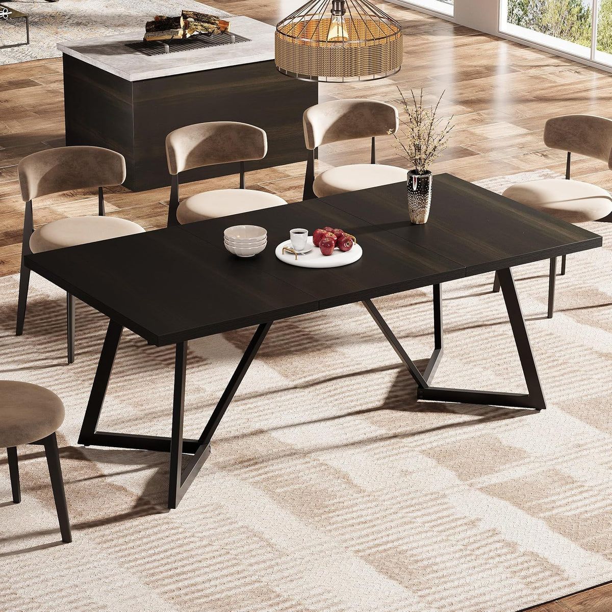 Rectangular Dining Table for 6-8 People with Durable Steel Frame - Black