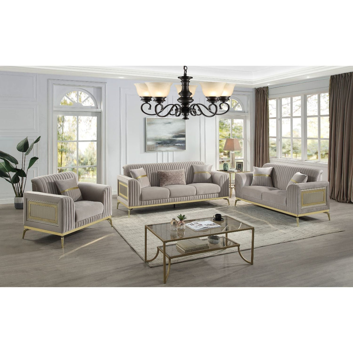 Antigua 2 Piece Living Room Set with Plush Cushions and Metal Accents - Black or Light Brown