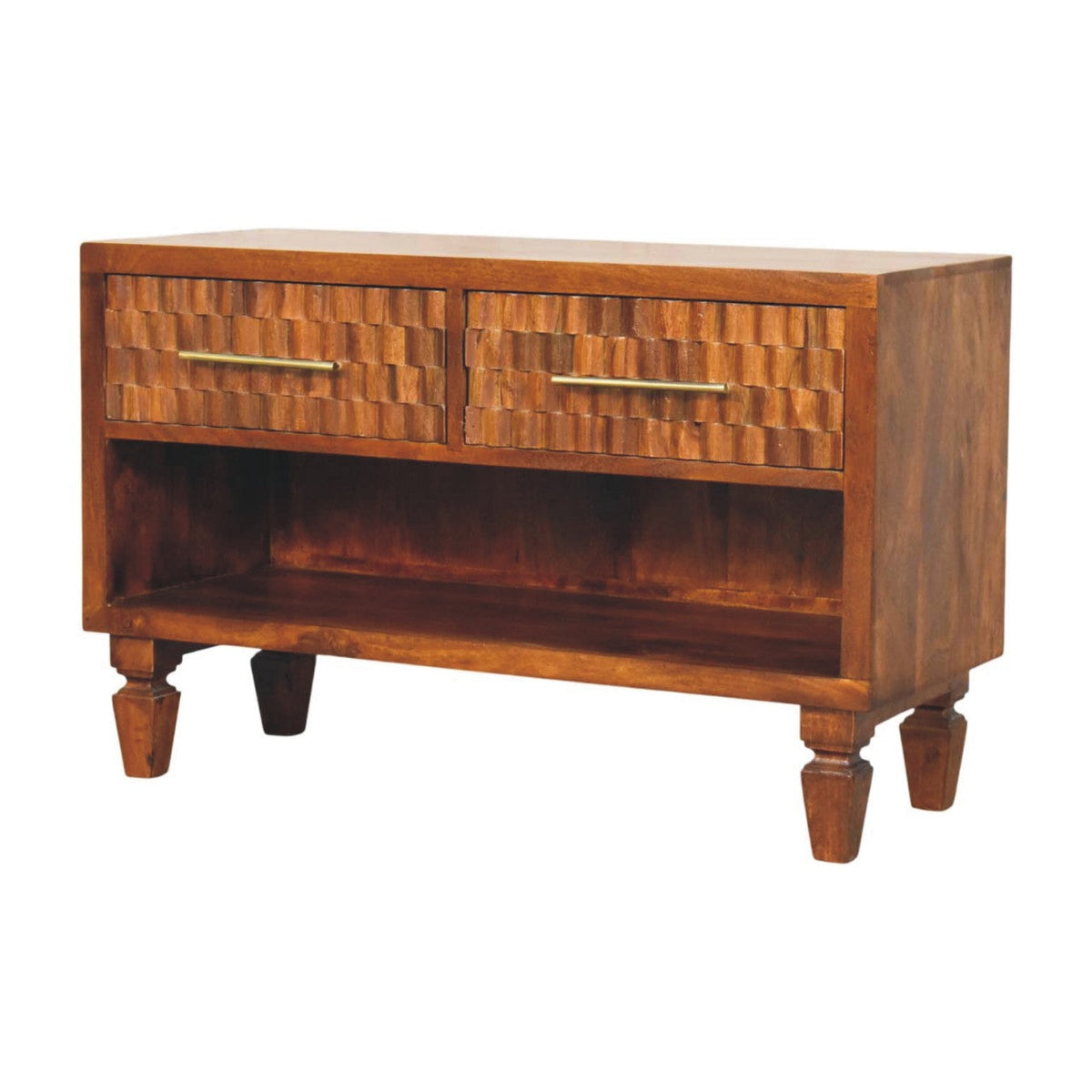 Solid Wood Cadiz Carved Shoe Bench with Open Storage Shelf - Chestnut