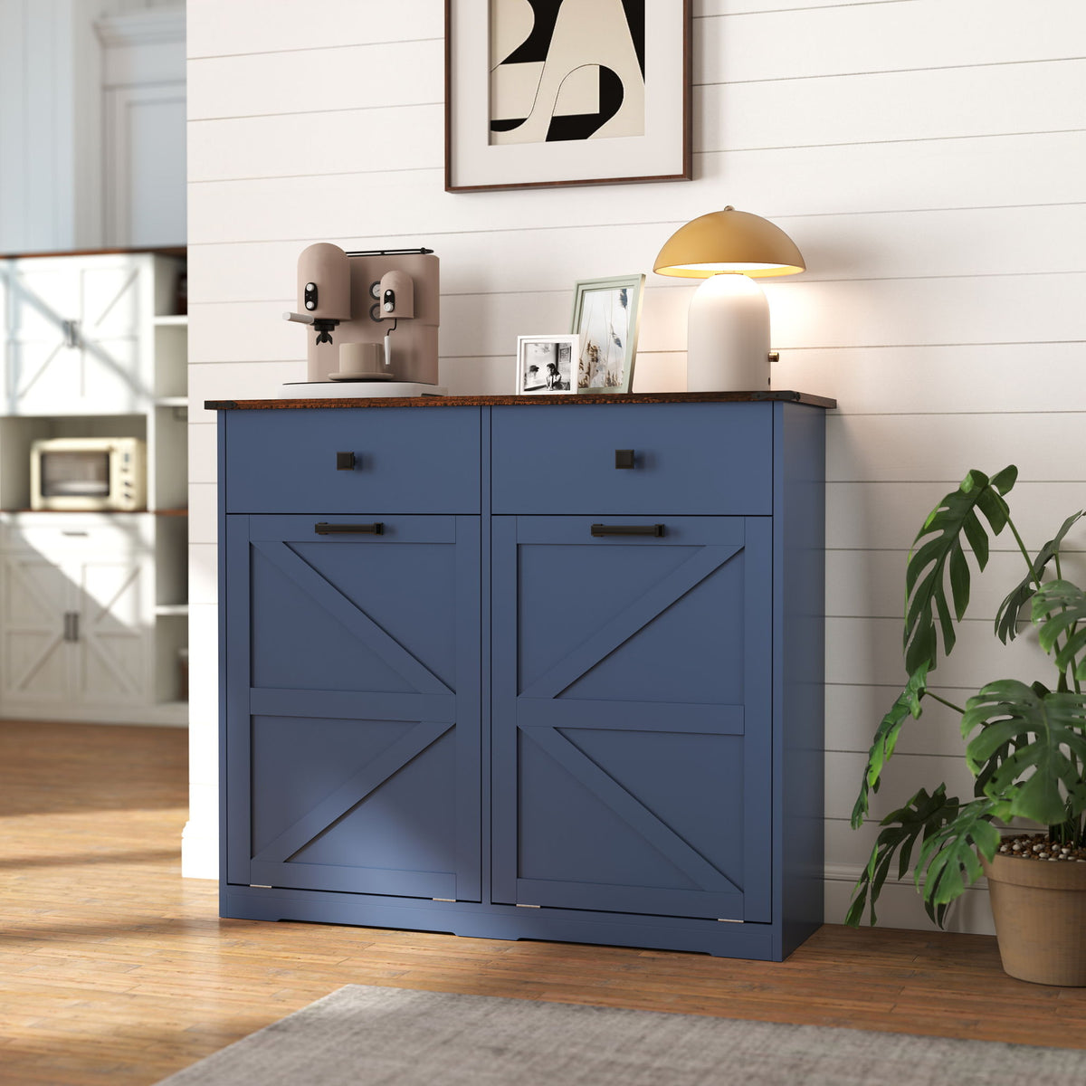 Double Tilt Out Trash Cabinet with Hideaway Drawer - Barn Door Style