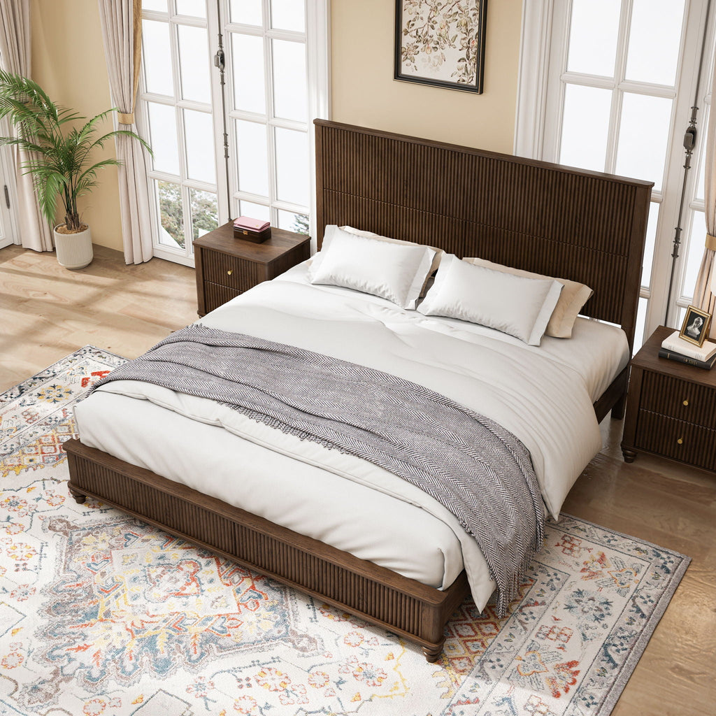 Platform Bed Frame with Tall Headboard - Solid Wood, Queen & King Sizes