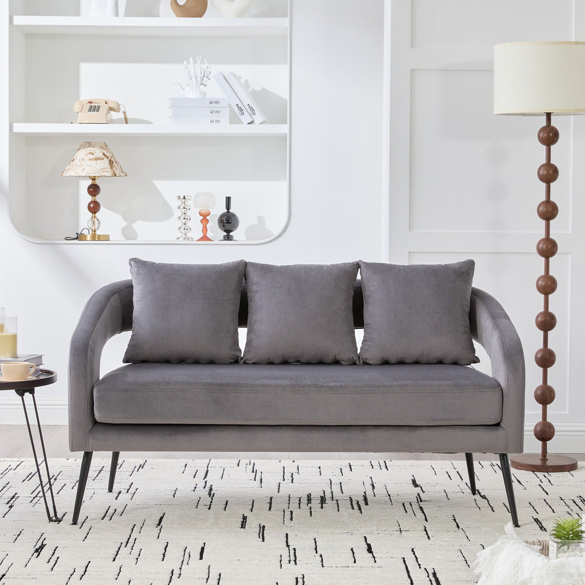 Open Back Loveseat Settee with 3 Pillows - Beige, Dark Green, or Dark Gray