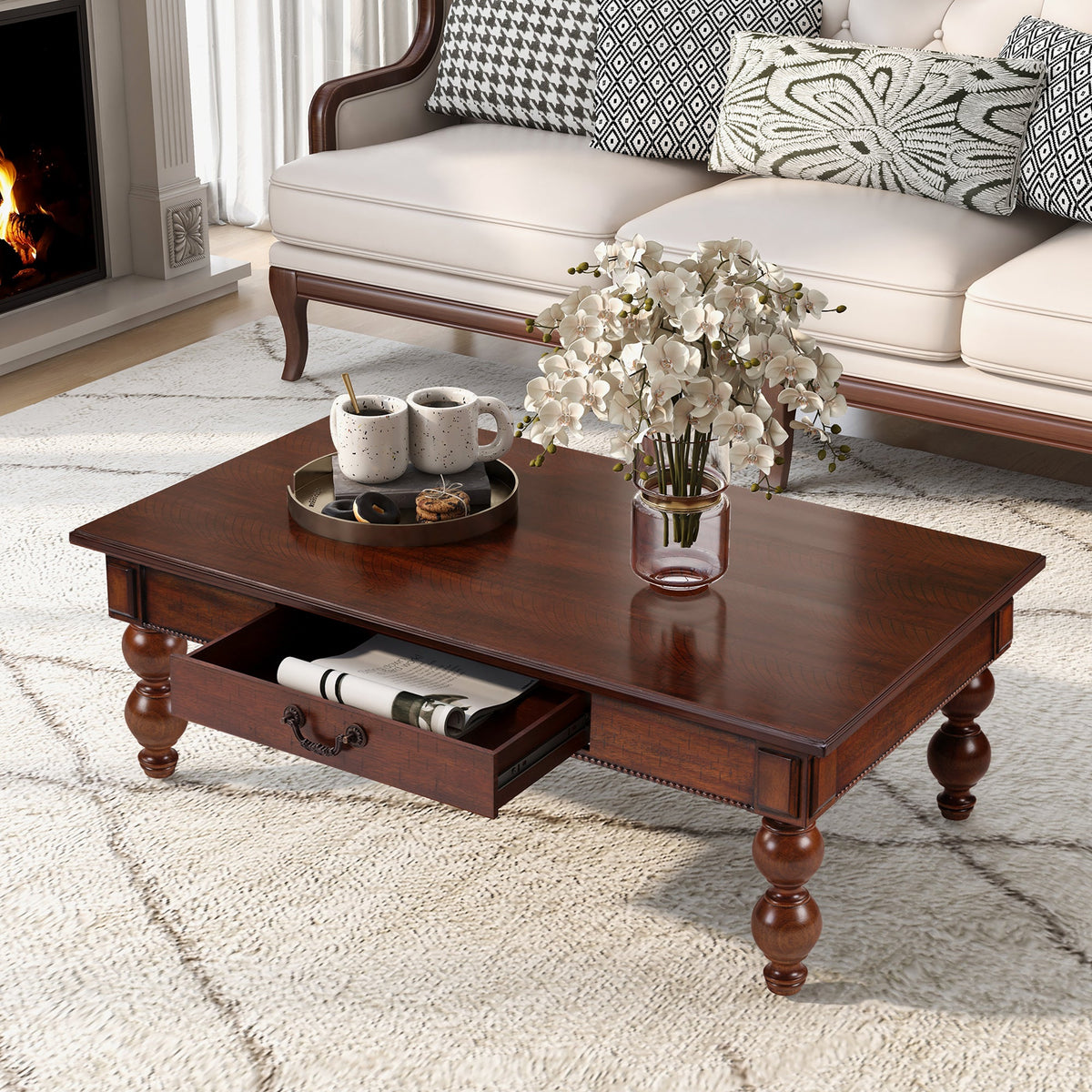 Rectangular Wooden Coffee Table with Storage Drawer - Walnut
