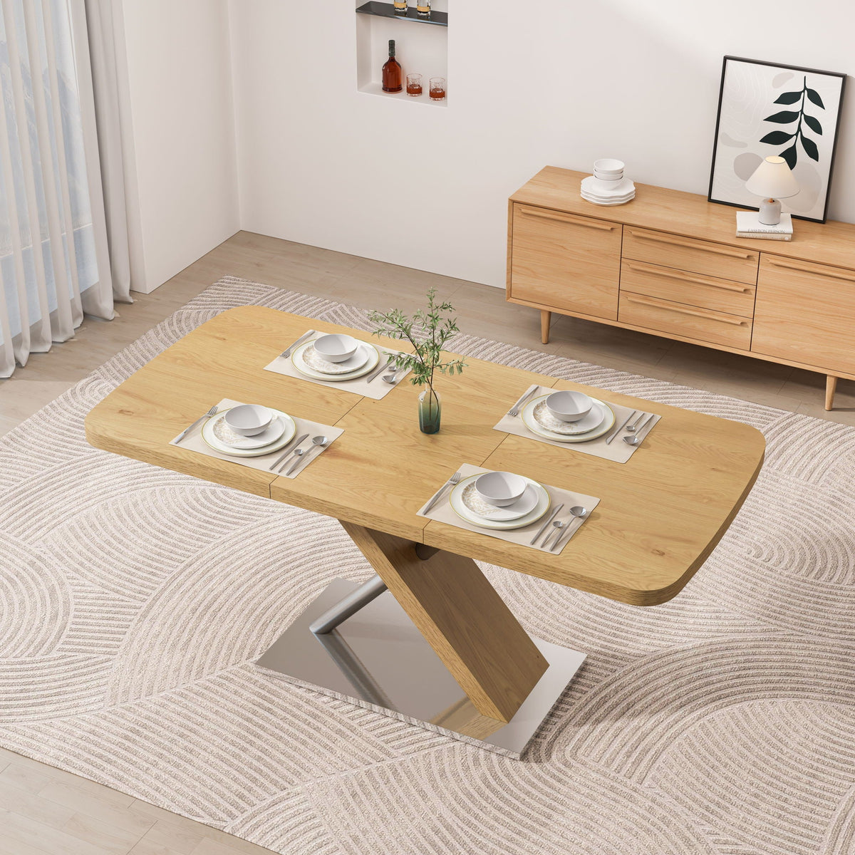 Retractable Square Dining Table with Stainless Steel Cross Base - Natural