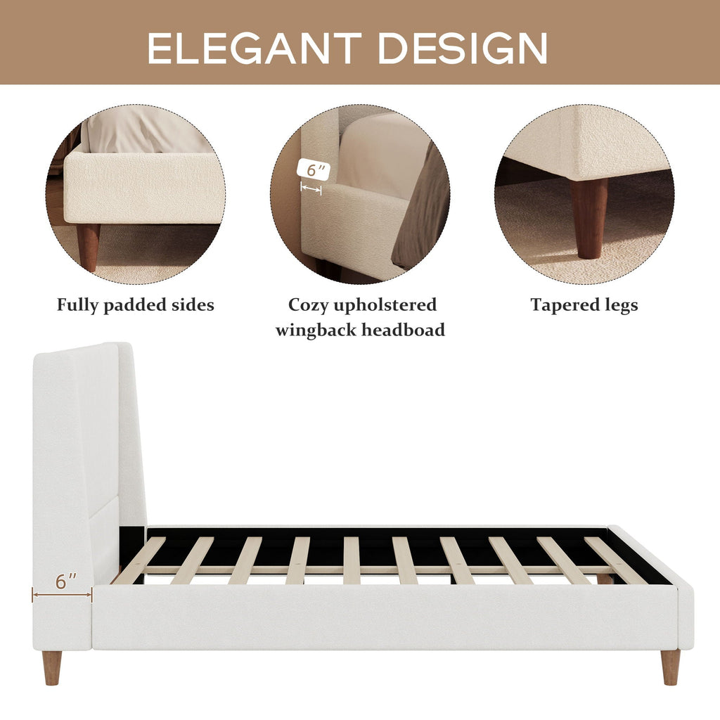 Upholstered Modern Platform Bed with Wingback Headboard - Beige or White