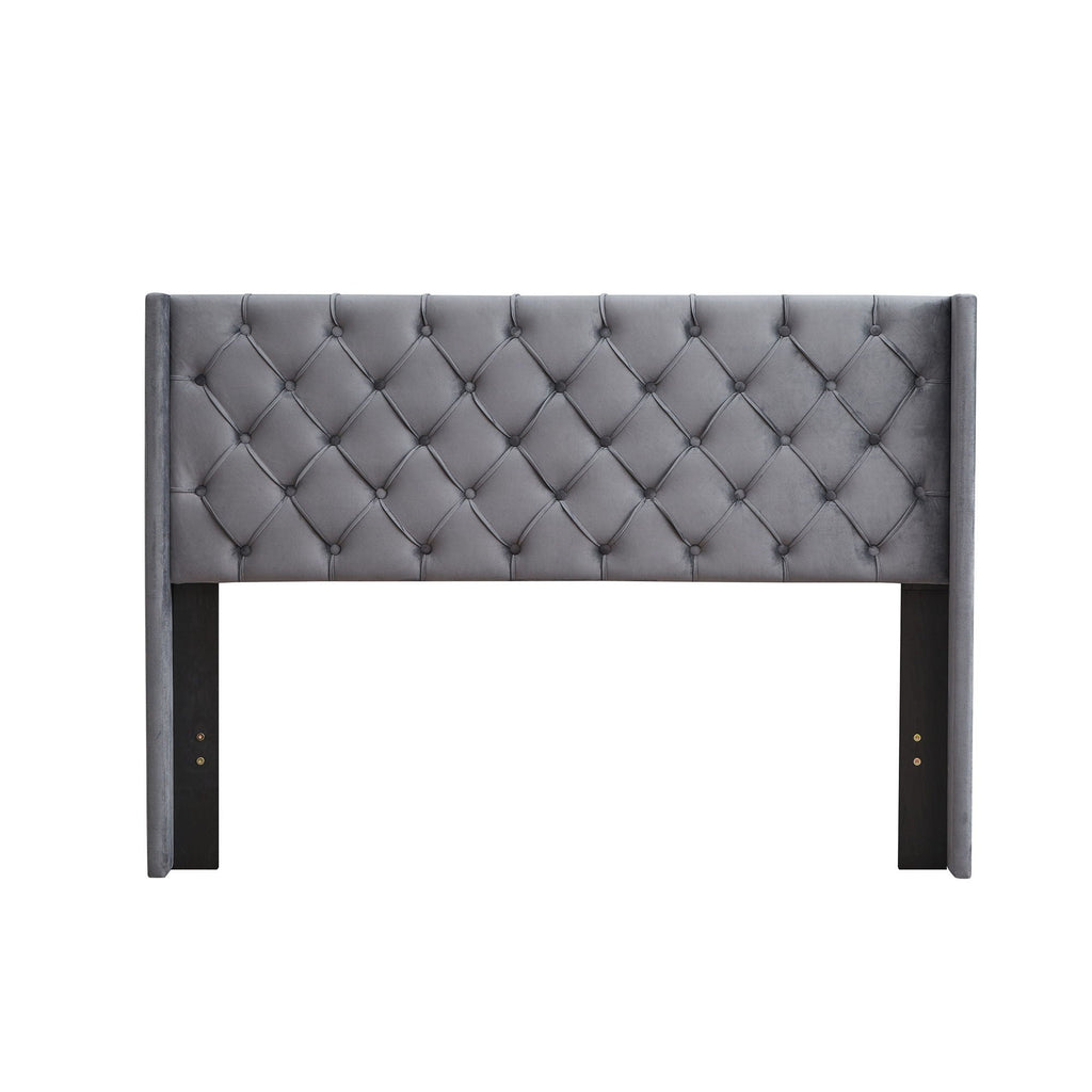 Gray Velvet Upholstered Queen Platform Bed with Wingback and Wood Slat Support