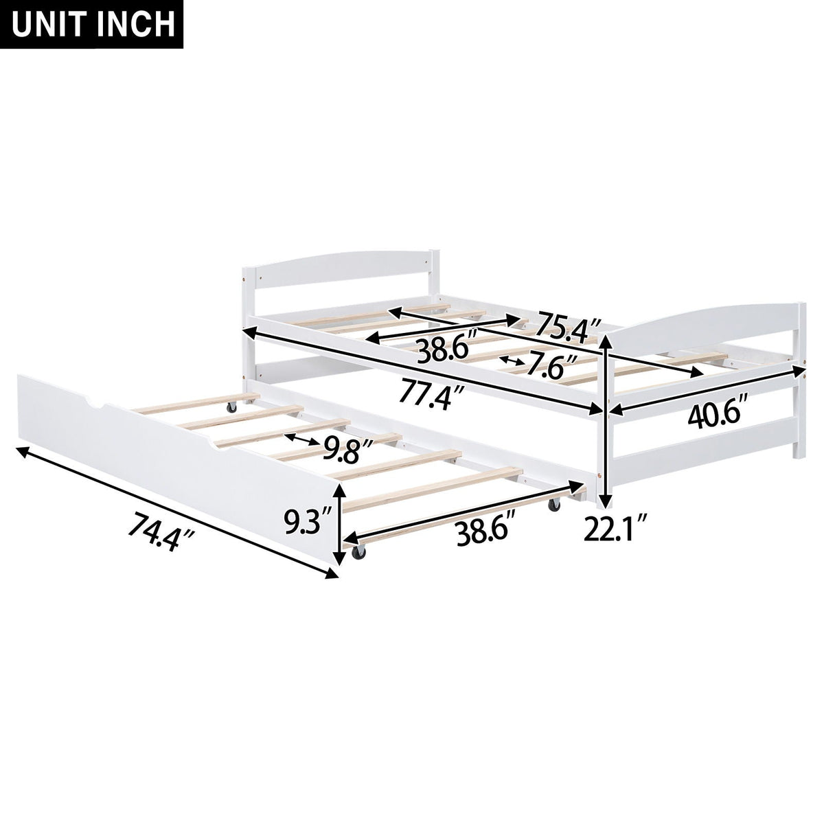 Twin Size Platform Bed with Trundle - Solid Wood Frame - Dark Gray or White