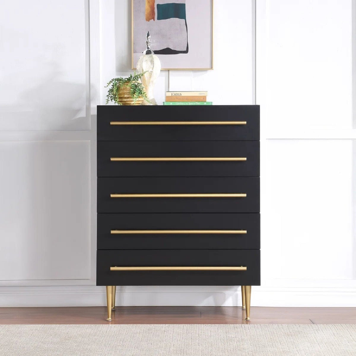 Contemporary 5 Drawer Chest with Brushed Metal Accents - White or Black