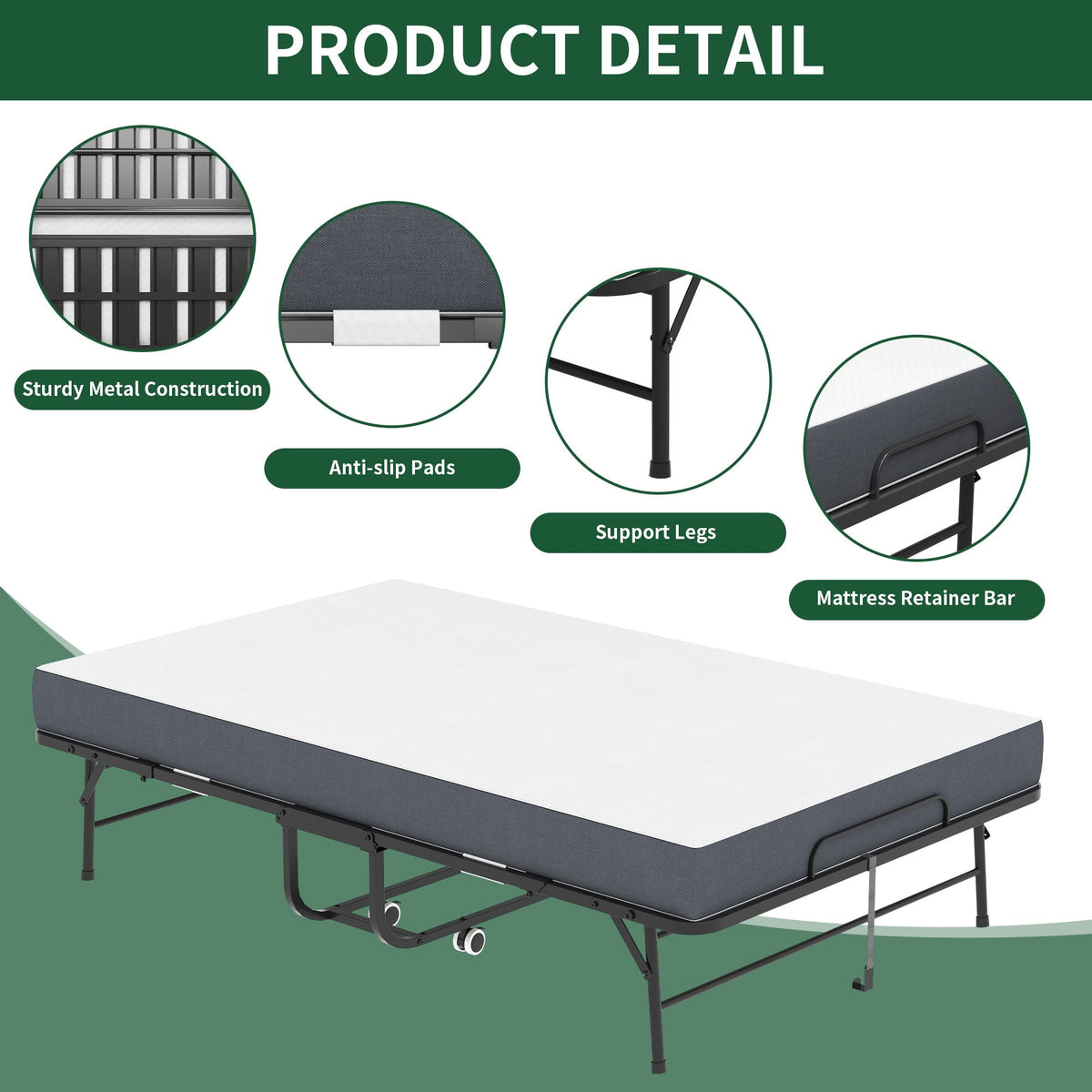 Twin Wide Folding Bed for Tall People with Memory Foam - Black