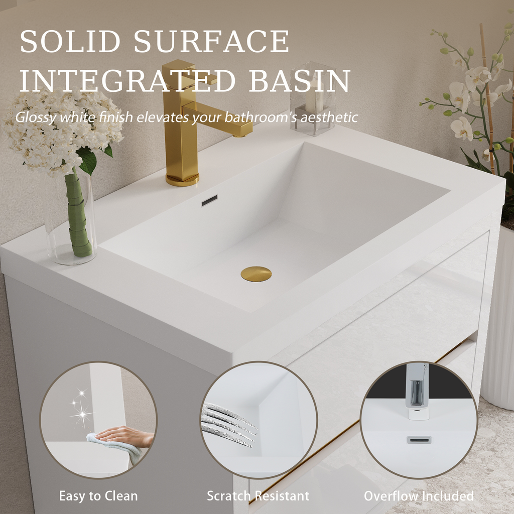 30" Wall-Mounted Bathroom Vanity with Stone Resin Countertop - Glossy Finish