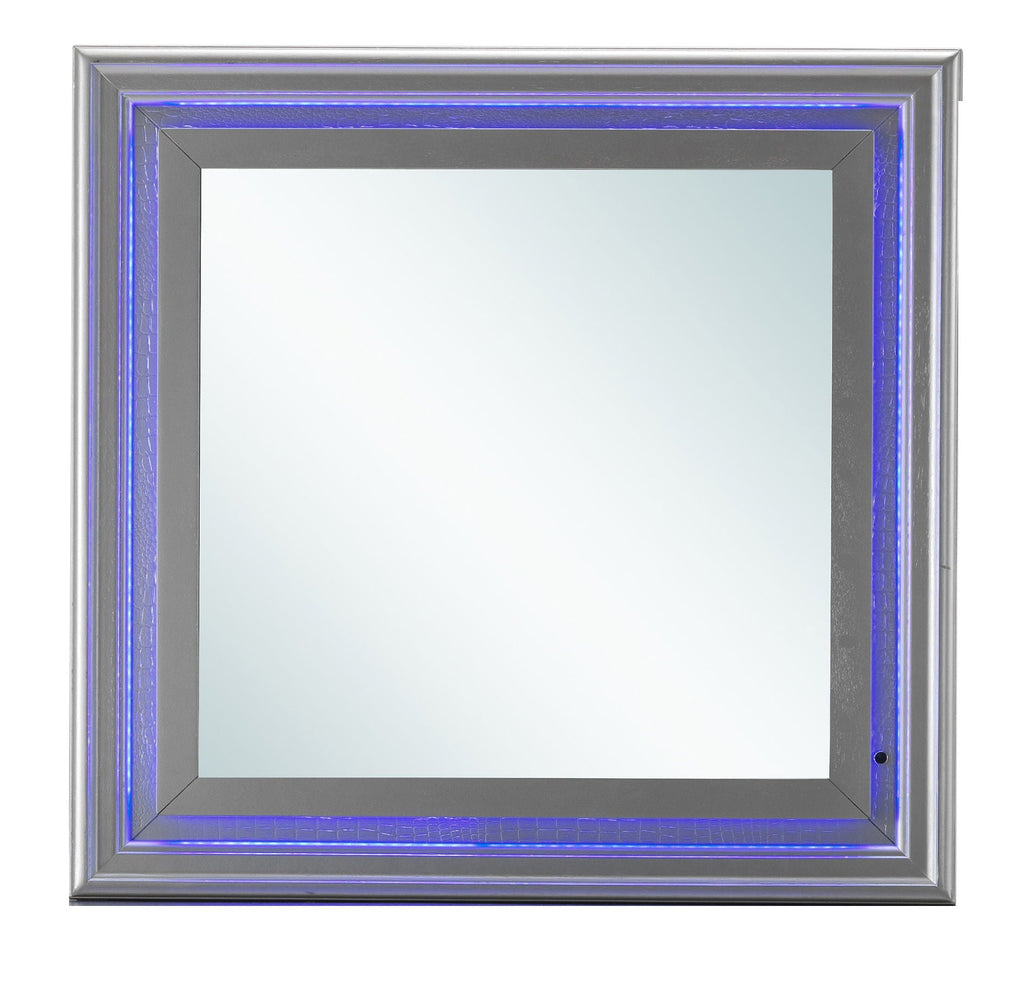 Elegant Transitional LED Mirror with Croc Textured Frame - Pearl Silver or Gray