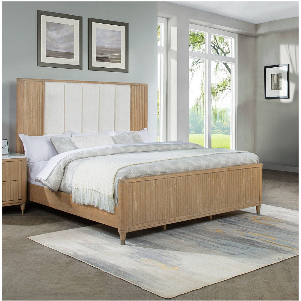 Light Brown High Headboard Panel Bed with Upholstered Feature