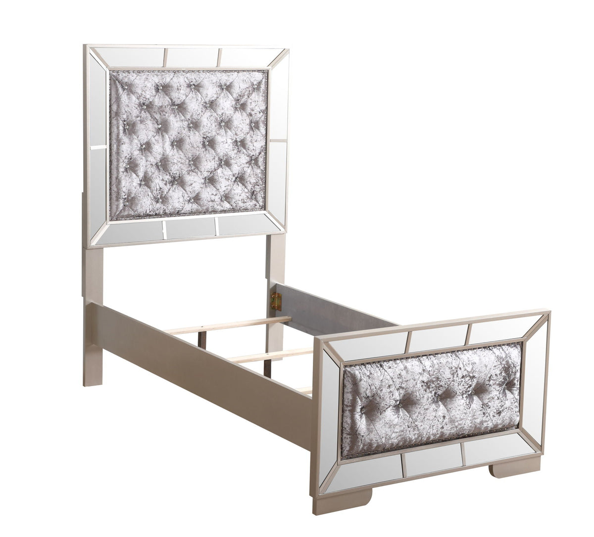 Contemporary Panel Bed with Mirrored Accents - Beige or Pearl Silver