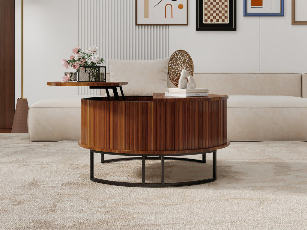 31.5" Round Coffee Table with Fluted Lift-Top Storage - Walnut
