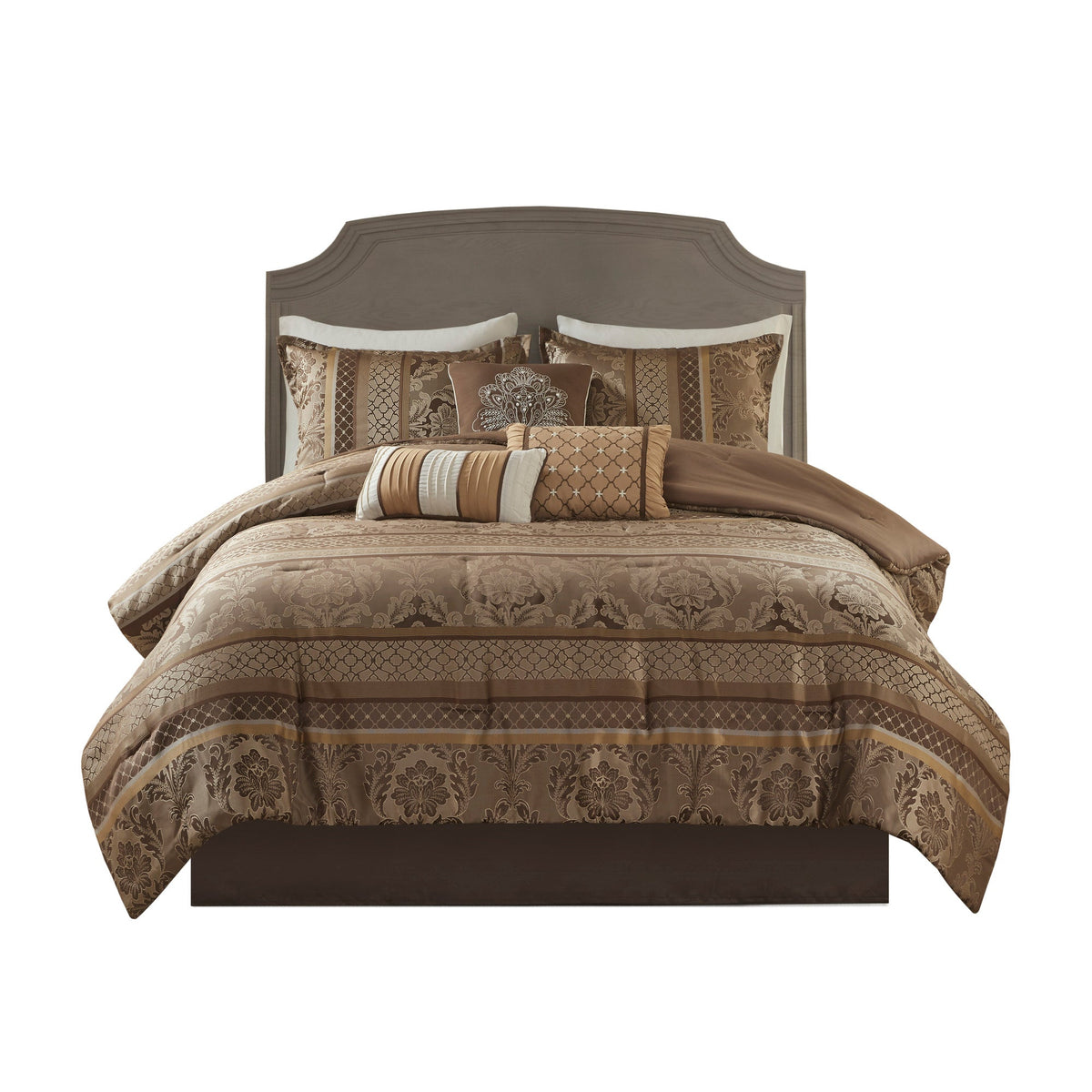 Jacquard Comforter Set with Decorative Pillows - Brown/Gold, Queen, 7 Piece