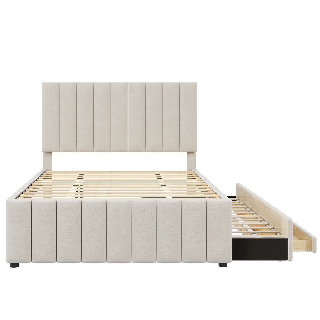 Upholstered Platform Bed with Twin Size Trundle and 3 Drawers - Beige, Full