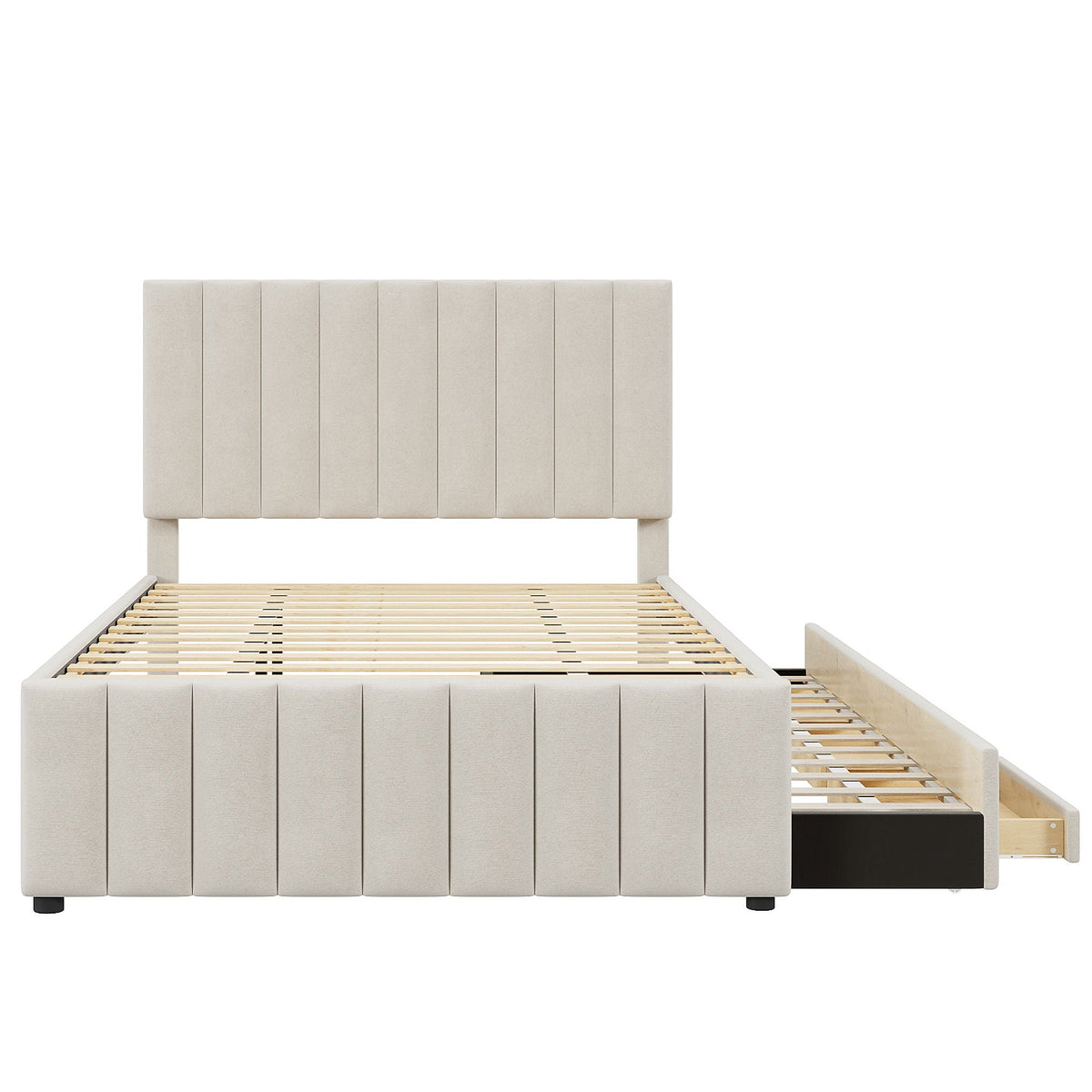 Upholstered Platform Bed with Twin Size Trundle and 3 Drawers - Beige, Full