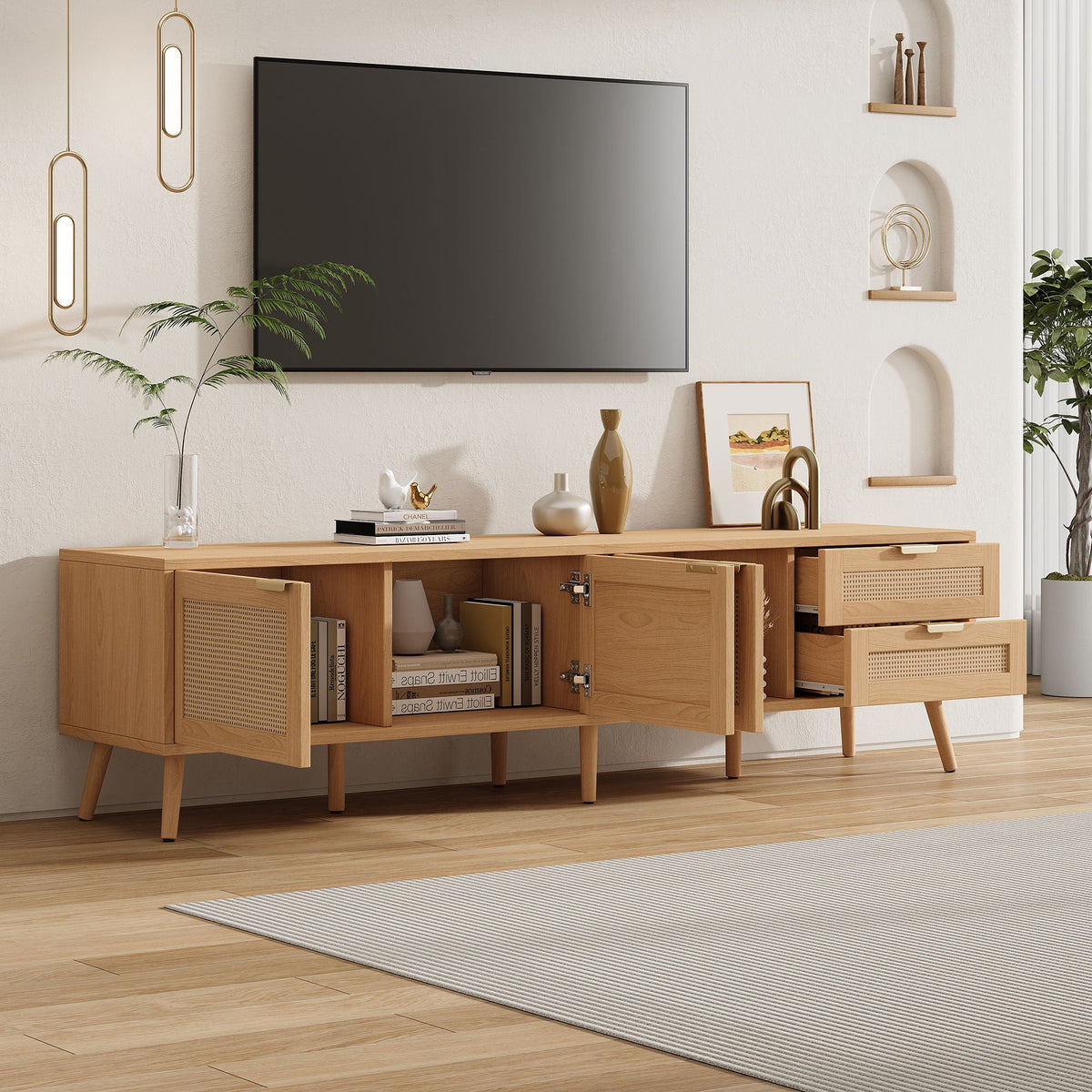 Natural Wood TV Stand with Cable Management and Drawers