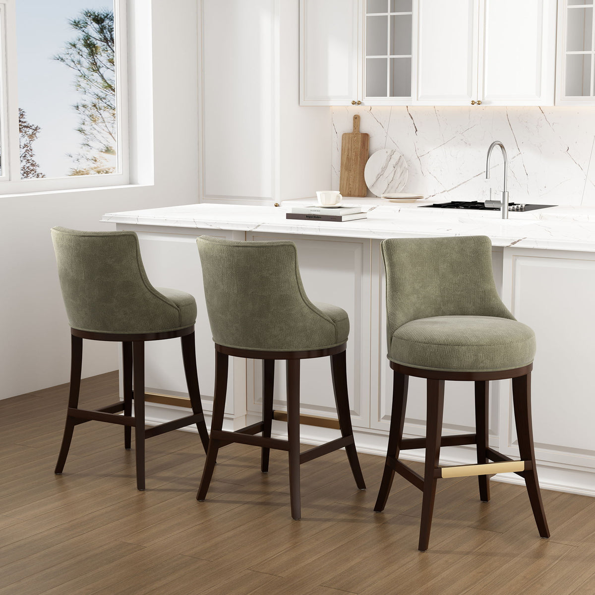 Bar Height Barstool with Backrest - Green, Light Brown, or Beige
