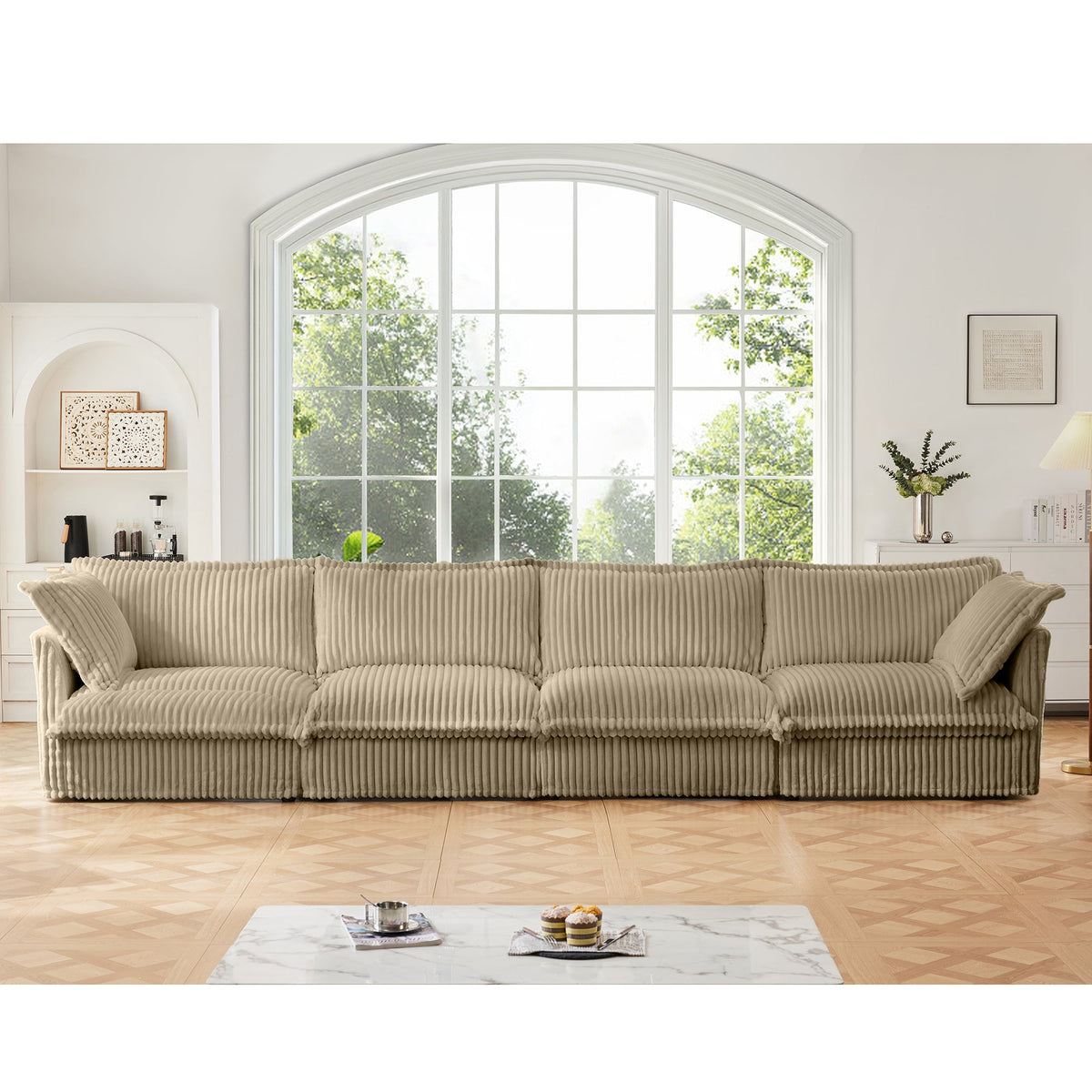 Slipcovered Long Sofa - 4 Seater Couch with Removable Covers - Camel Corduroy