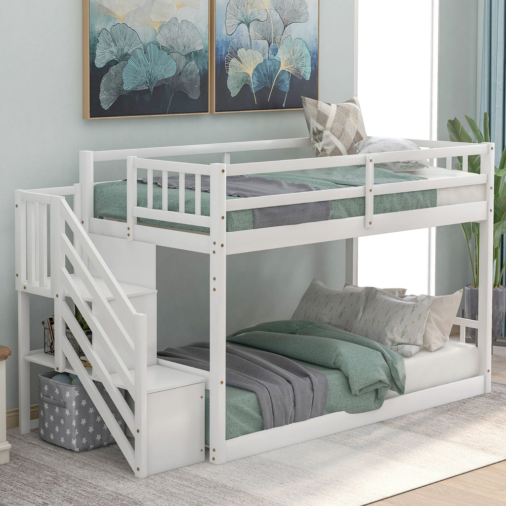Twin Over Twin Floor Bunk Bed with Ladder Storage - White or Dark Gray
