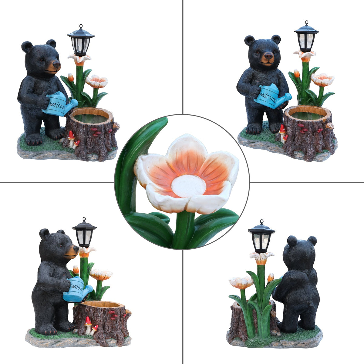 Standing Bear Statue with Lantern Planter - Rustic Resin