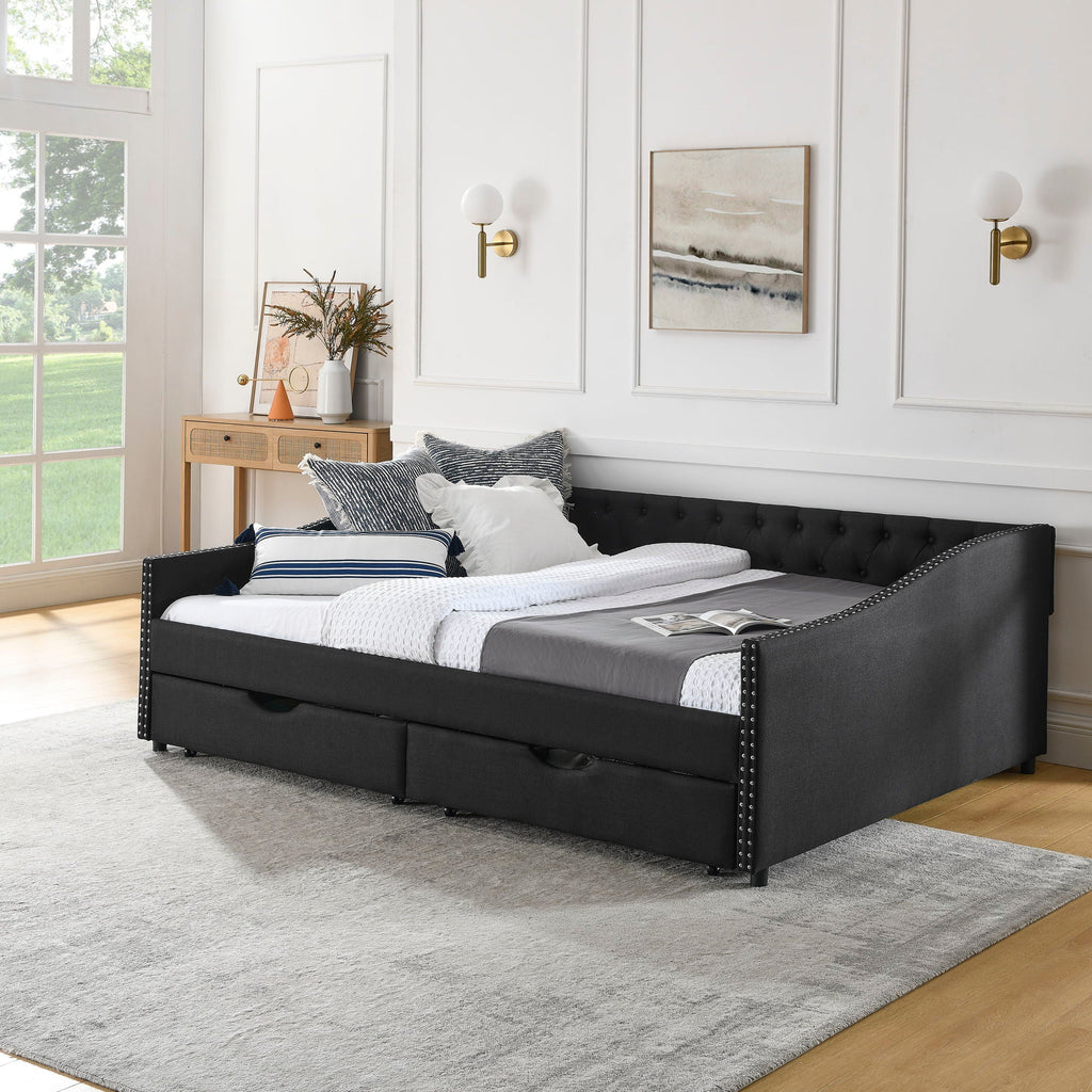 Upholstered Tufted Daybed with 2 Drawers and Waved Arms - Multiple Colors
