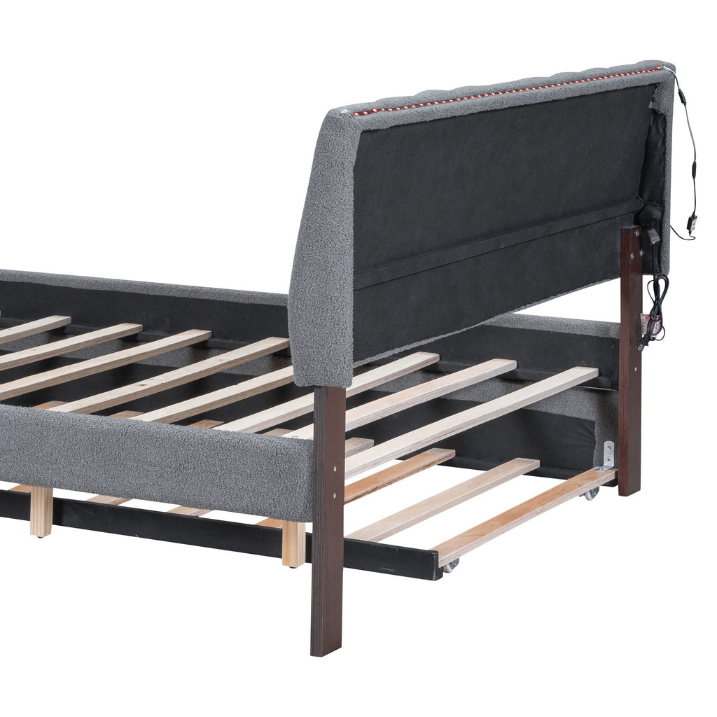 Upholstered Platform Bed With Trundle and LED Lights - Full or Queen