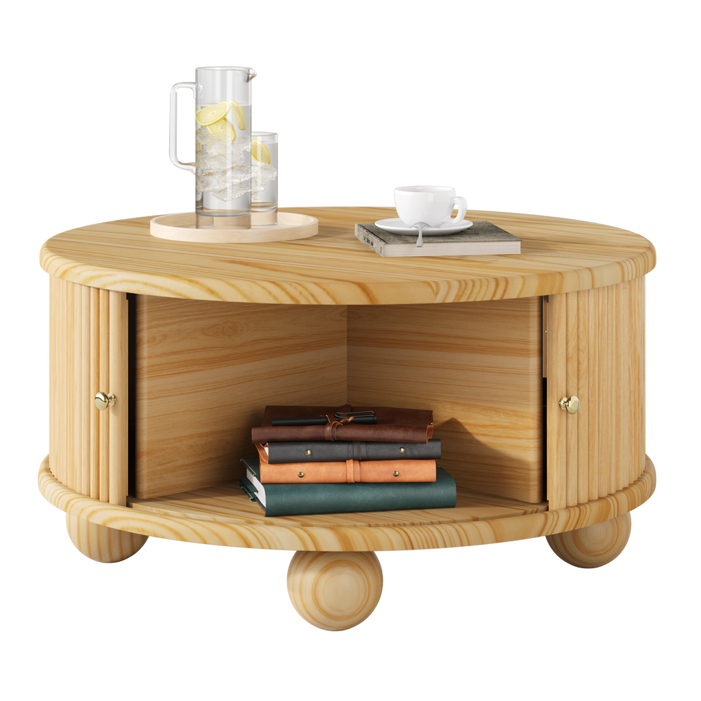 Round Fluted Coffee Table with Storage - Pine Solid Wood