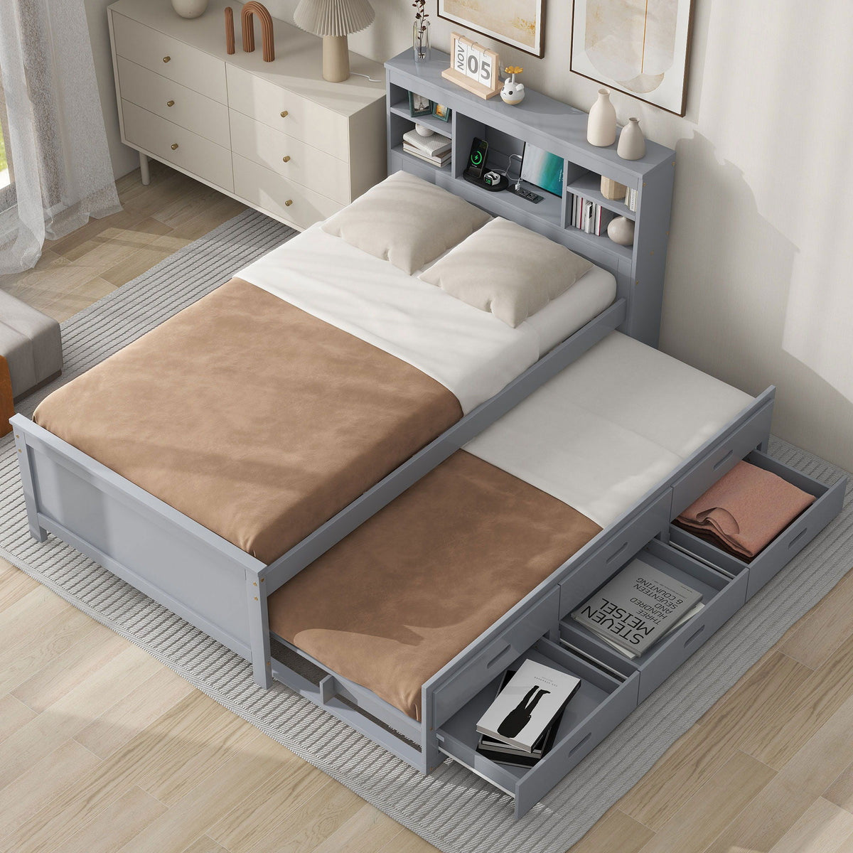 Platform Bed with Storage Headboard, USB, Trundle & 3 Drawers - Twin or Full