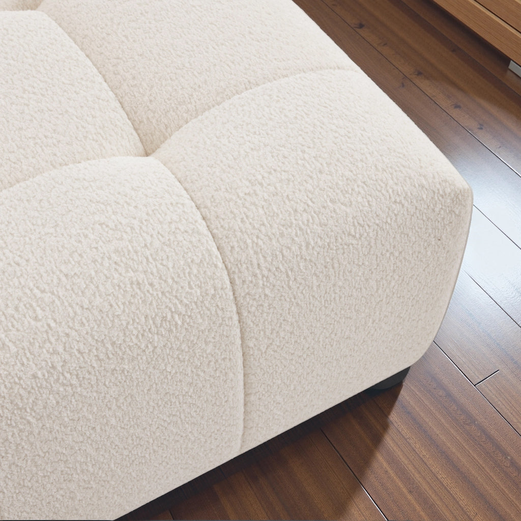 Bouclé Tufted Ottoman with Biscuit Tufting - White