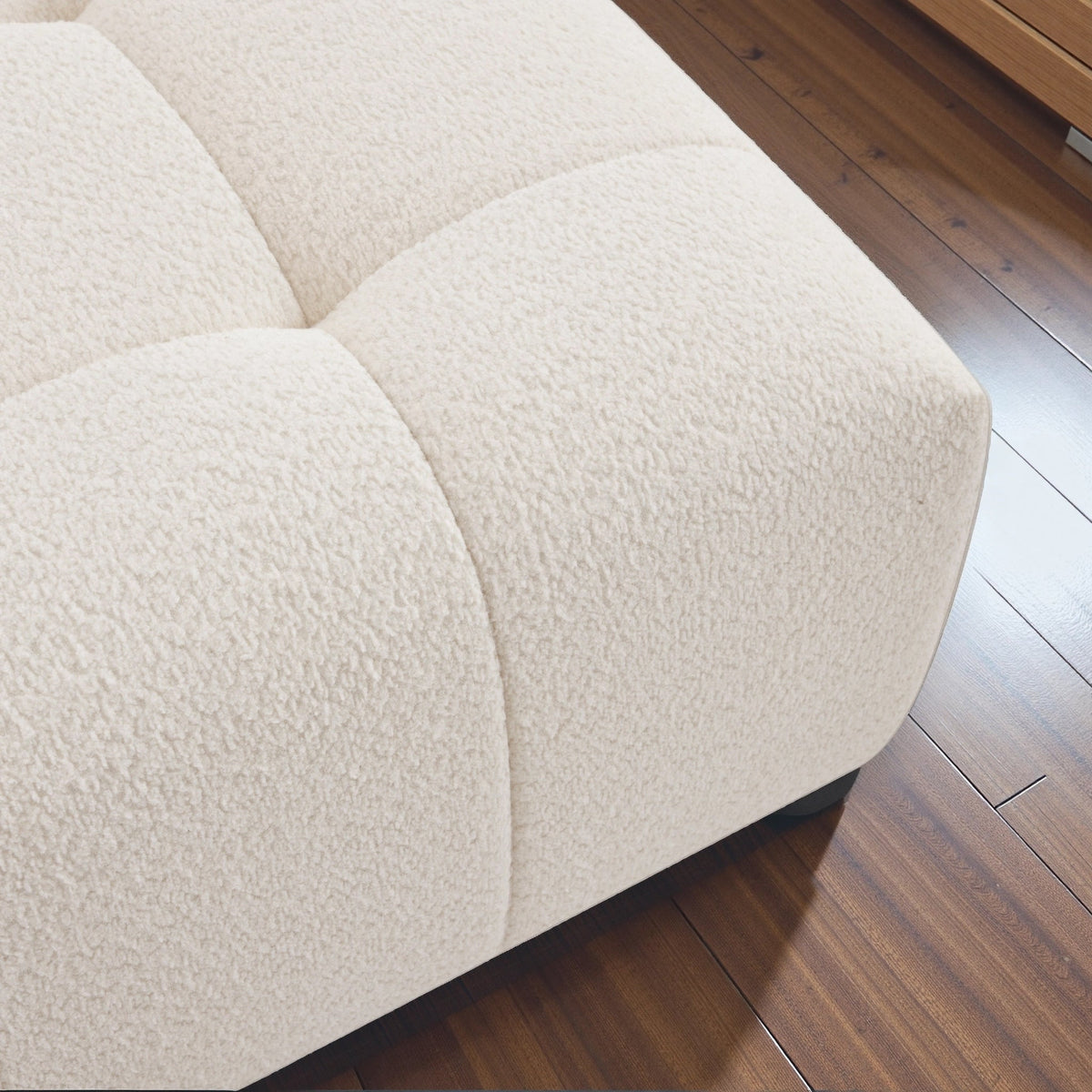Bouclé Tufted Ottoman with Biscuit Tufting - White