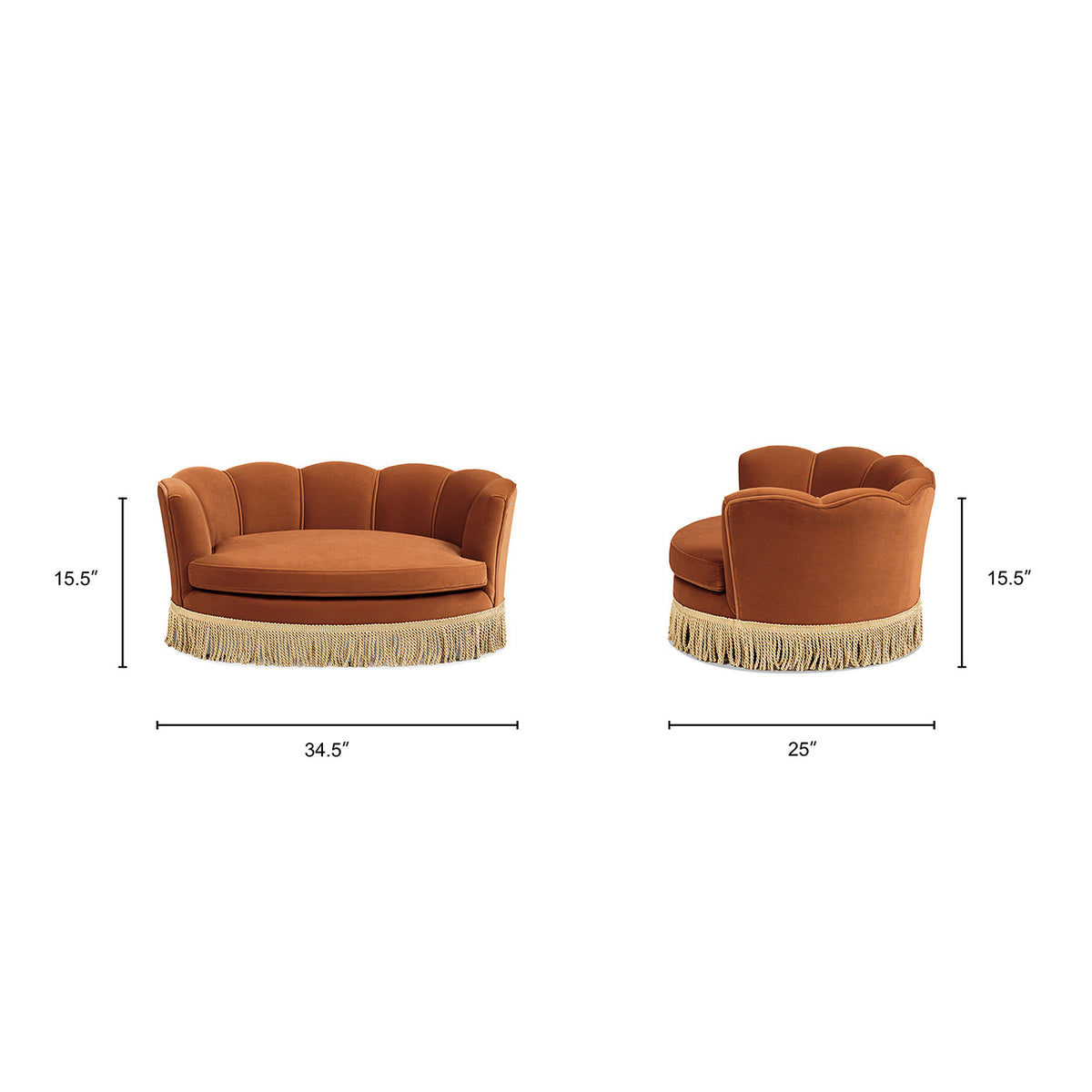 Clara Scalloped Pet Sofa Bed with Velvet Upholstery - Medium, Burnt