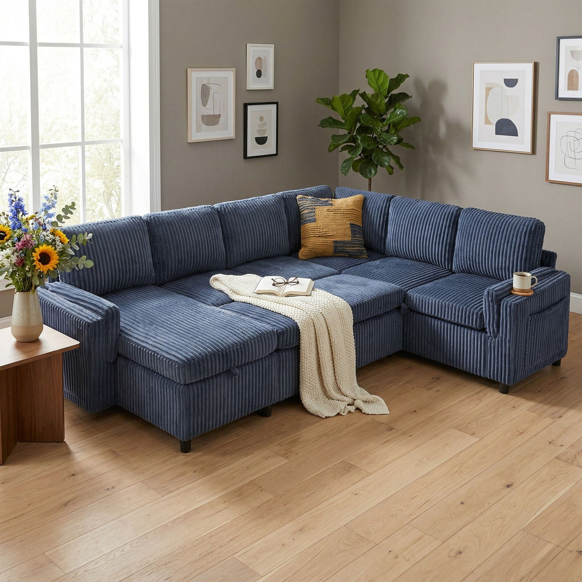 Convertible U-Shaped Sectional Sofa Bed with USB Ports and Storage – Black, Dark Gray, Blue