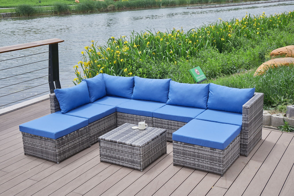 Dark Gray Patio Sofa With Cushions and Table - All-Weather Wicker