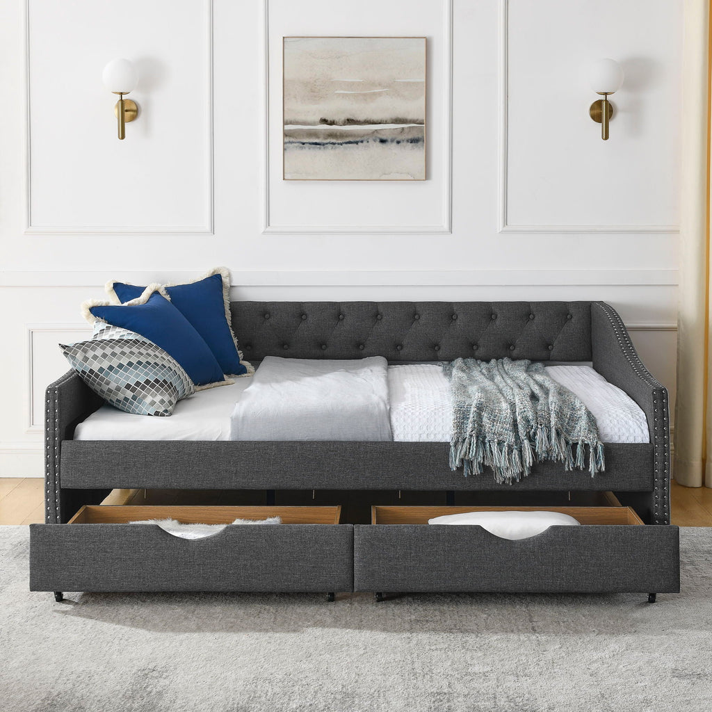 Upholstered Tufted Daybed with 2 Drawers and Waved Arms - Multiple Colors