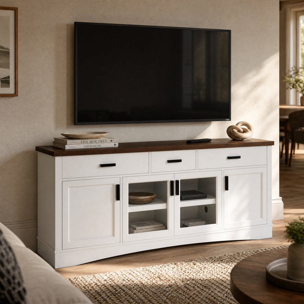 Modern TV Stand with Glass Doors and Adjustable Shelves - White