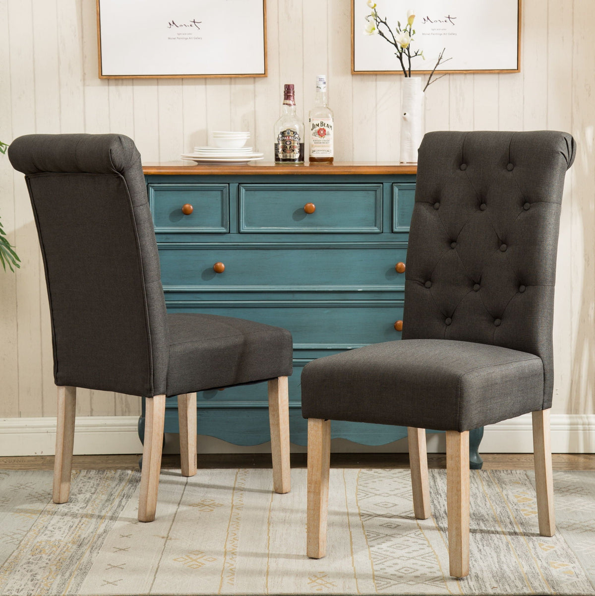 Beige Brown 5 Piece Dining Set with Turned-Leg Table & Tufted Chairs