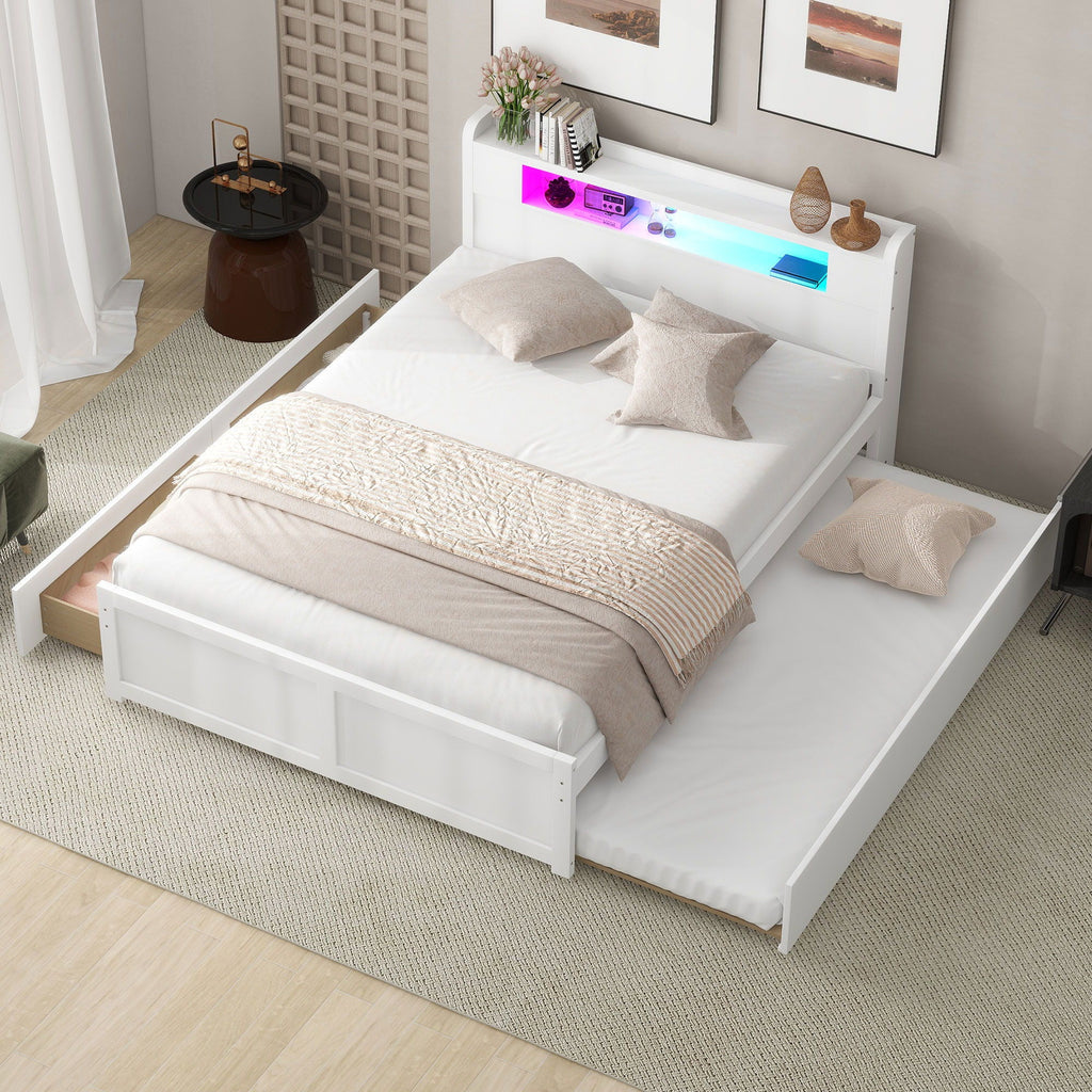 Storage Platform Bed with LED Lights, 2 Drawers and Trundle - Queen