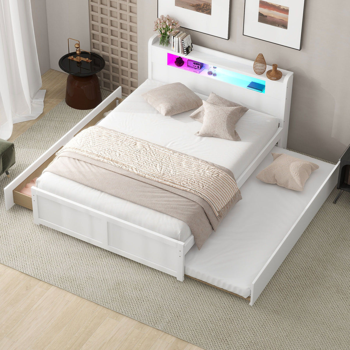 Storage Platform Bed with LED Lights, 2 Drawers and Trundle - Queen