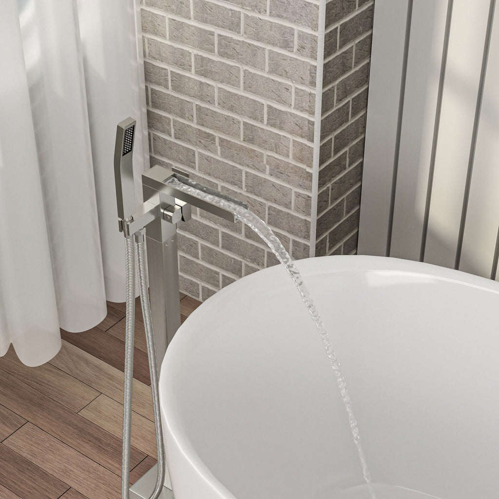 Freestanding Bathtub Faucet Waterfall Tub Filler with Hand Shower - Brushed Nickel
