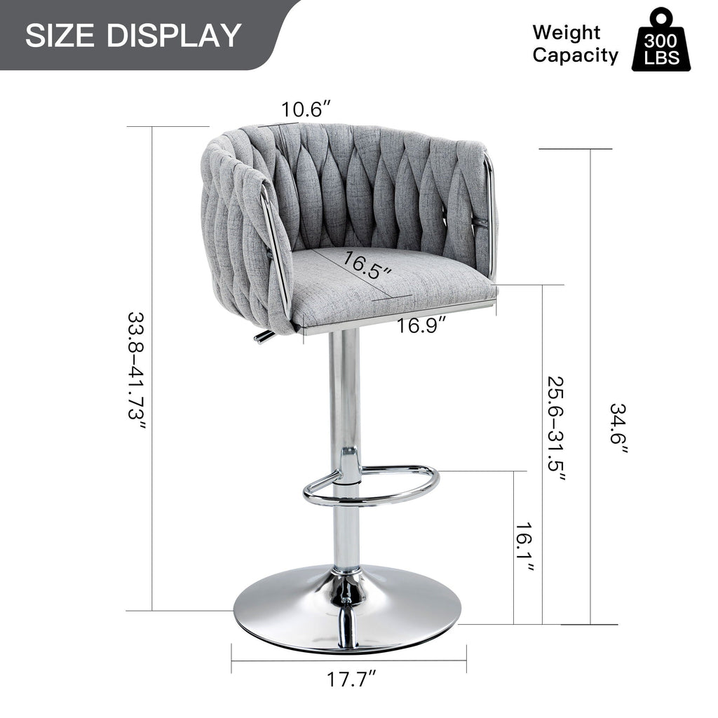 Adjustable Gray Counter Stools with 360° Swivel & Woven Back - Set of 2