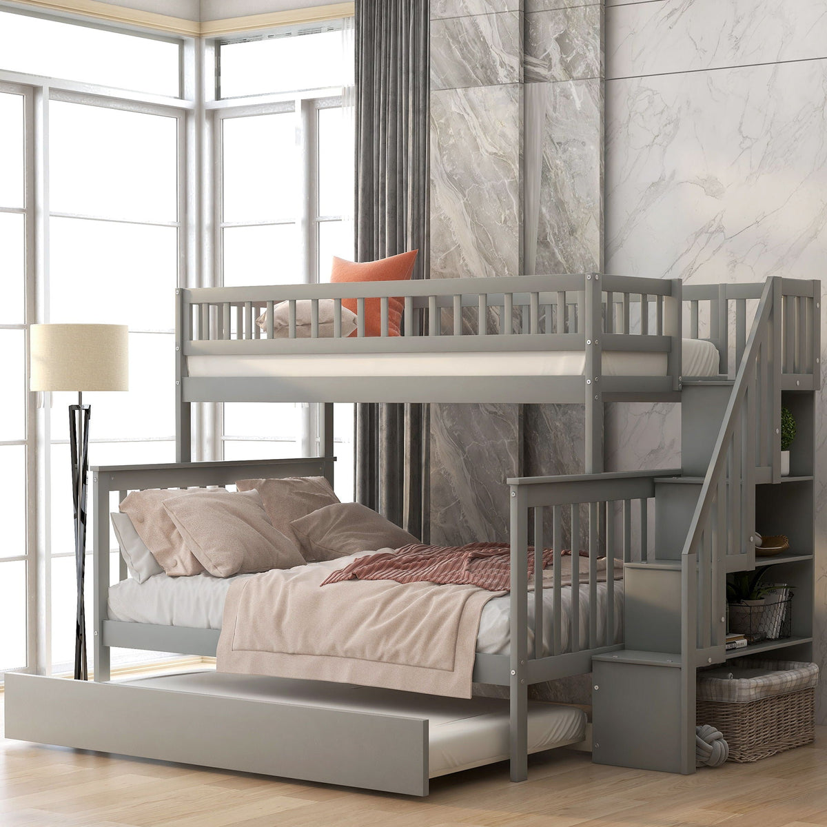 Bunk Bed with Staircase and Storage Options - Dark Gray or White