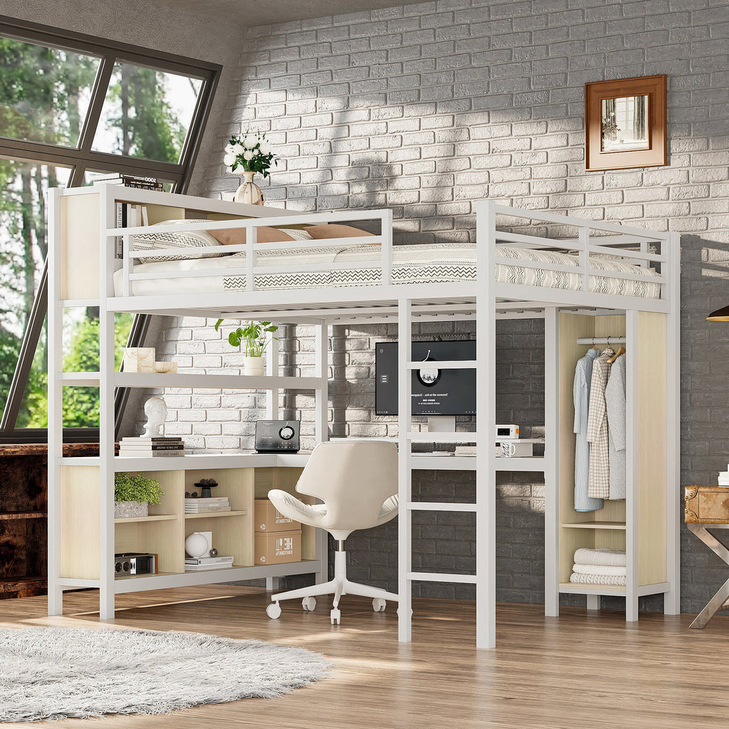 Metal Loft Bed with L-Shaped Desk and Wardrobe - Queen Size