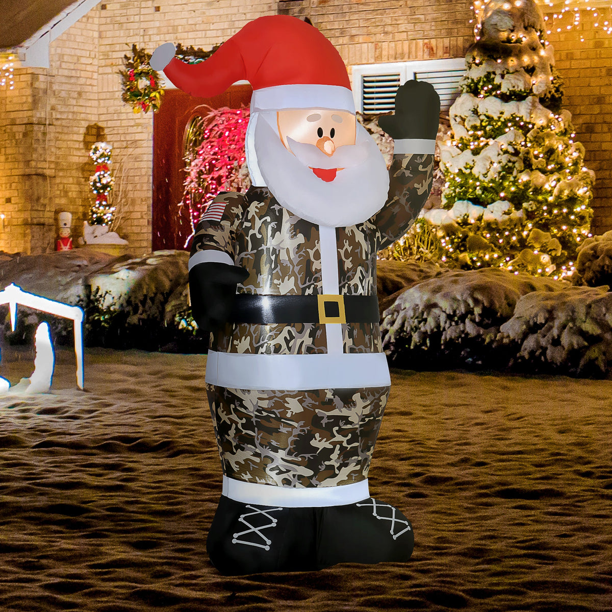 8' Camouflage Santa Christmas Inflatable with LED Lighting - Green