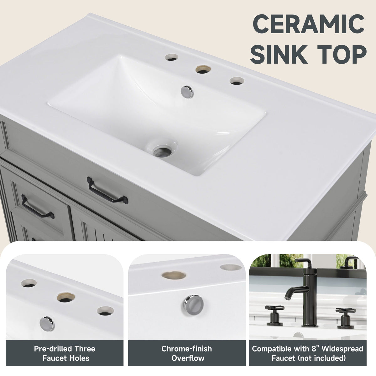 Bathroom Vanity With Sink and Drawers - Freestanding Solid Wood Cabinet