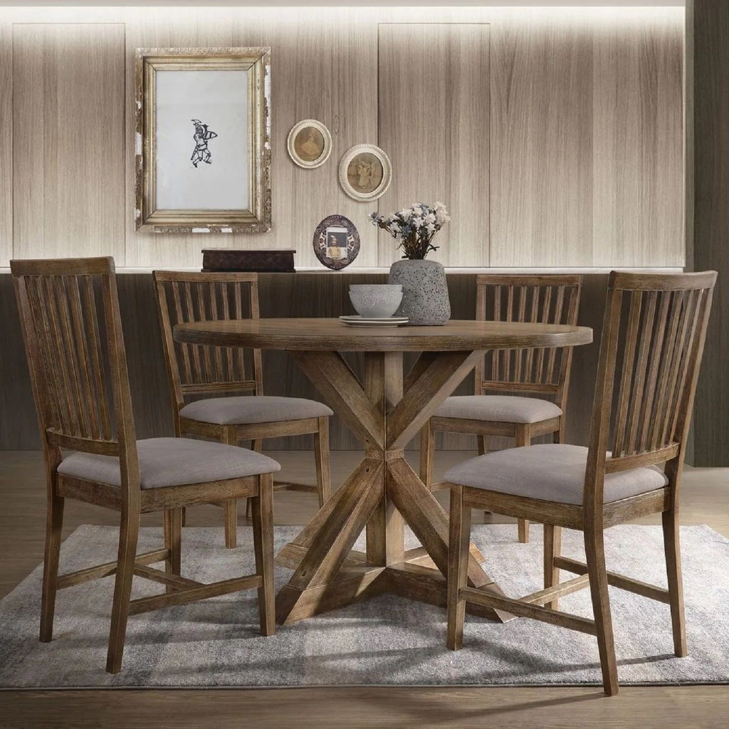 Open Slat Back Kitchen Side Chair Set with Linen Upholstery - Brown Oak