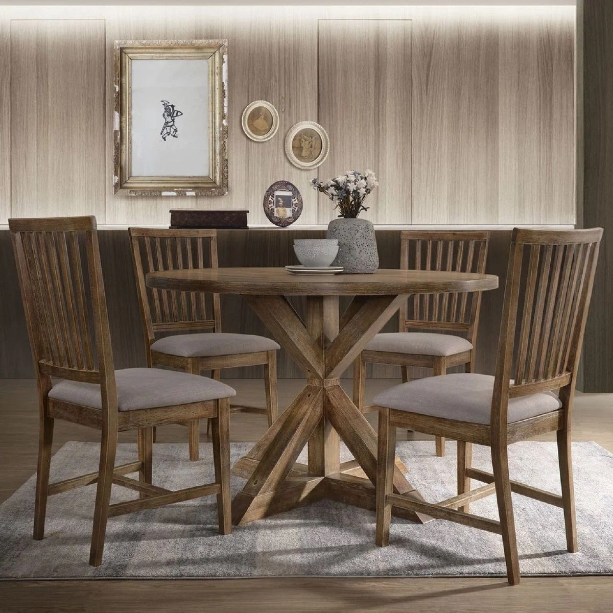 Open Slat Back Kitchen Side Chair Set with Linen Upholstery - Brown Oak