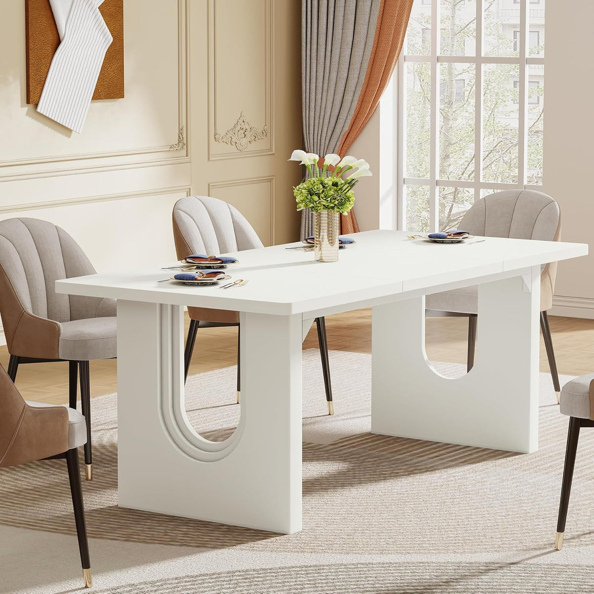 Rectangular Dining Table with Pedestal Base - Black or White
