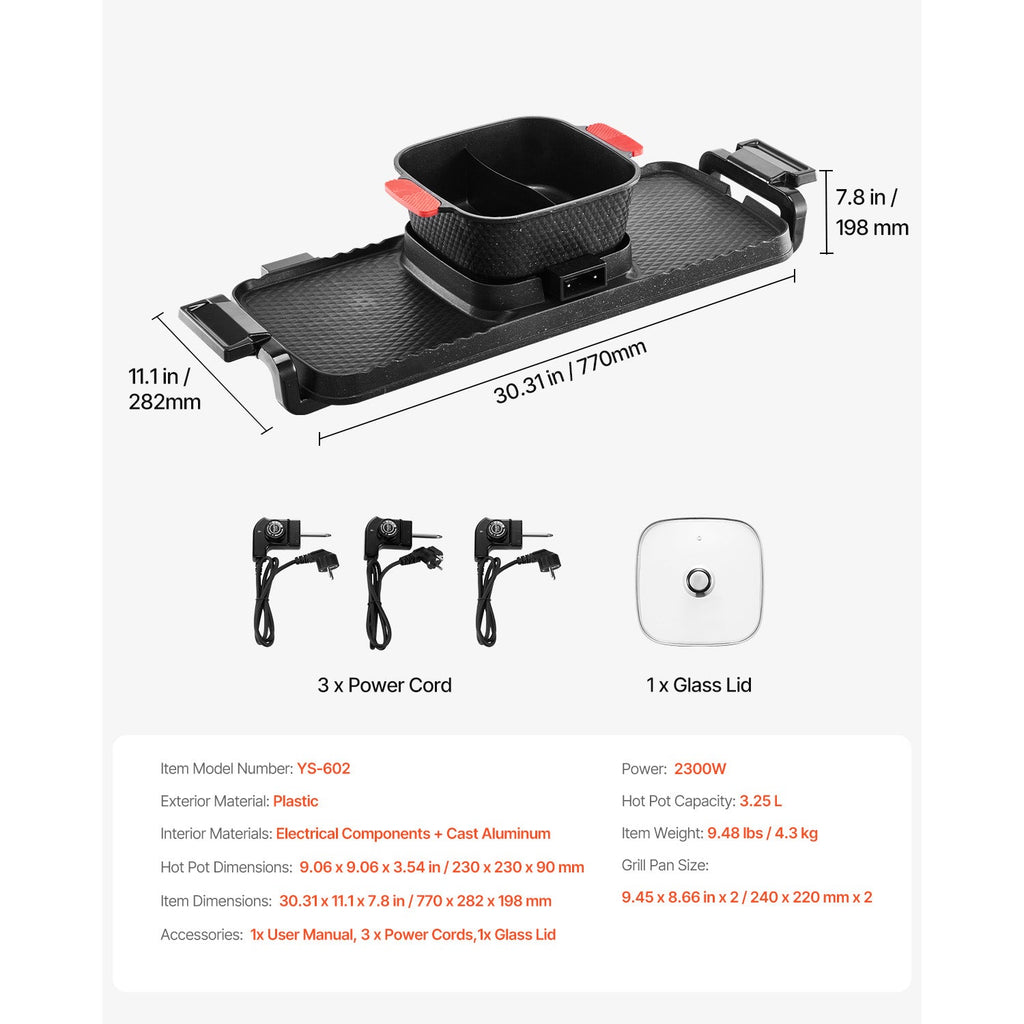 2300W 2-in-1 Electric Hot Pot with Grill - Smokeless BBQ Pan